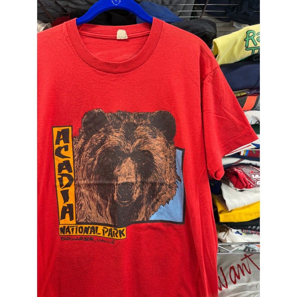 Vintage 1988 Acadia National Park Grizzly Bear T-Shirt Red Single Stitch Mens L